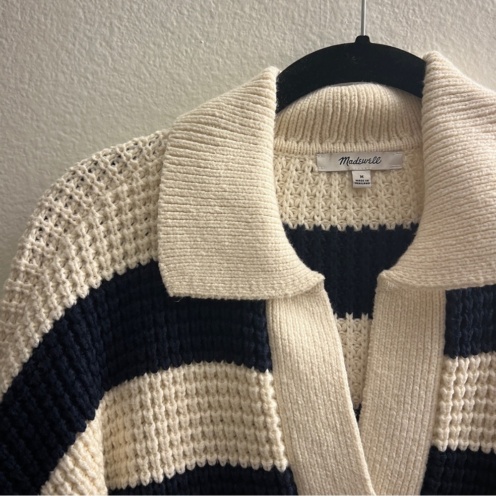 Madewell | Waffle-Knit Henley Sweater Stripe Navy Cream - Size M - Picture 9 of 13